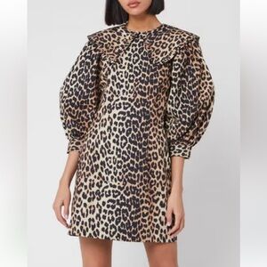 Ganni Leopard Cotton Poplin Mini Dress